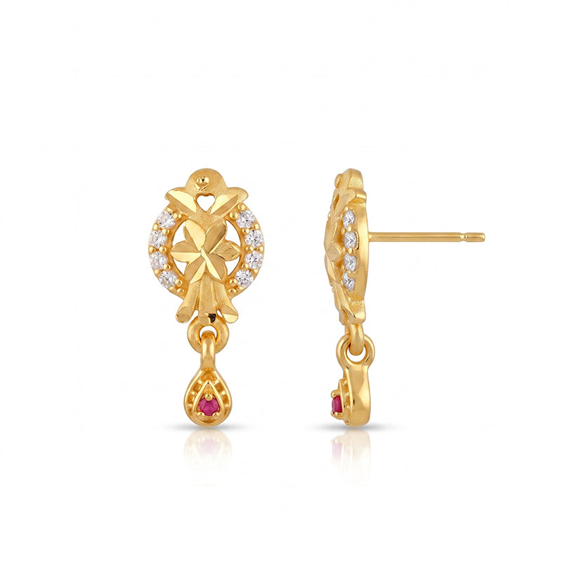 Elegant Micro Gold Plated Drop Earrings with Ruby Red and White Stones - 4509