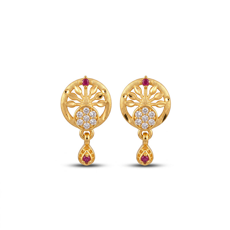 Elegant Micro Gold Plated Drop Earrings with Ruby Red and White Stones - 4514