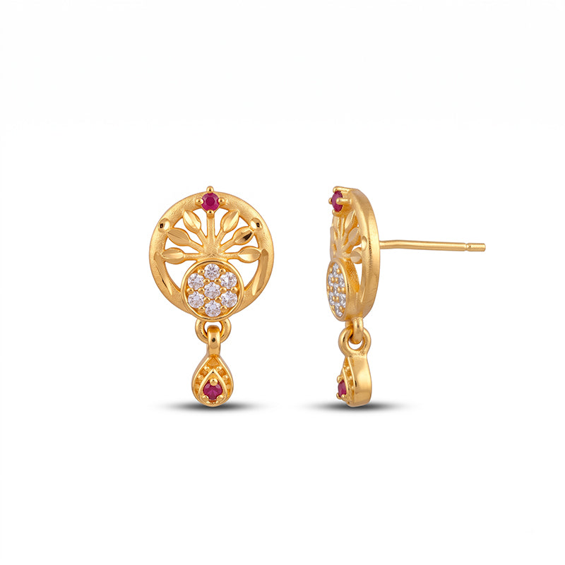 Elegant Micro Gold Plated Drop Earrings with Ruby Red and White Stones - 4514