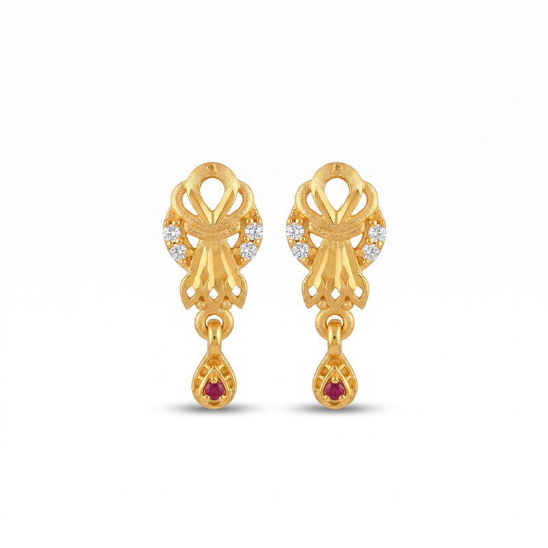 Elegant Micro Gold Plated Drop Earrings with Ruby Red and White Stones - 4515