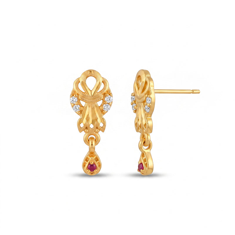 Elegant Micro Gold Plated Drop Earrings with Ruby Red and White Stones - 4515