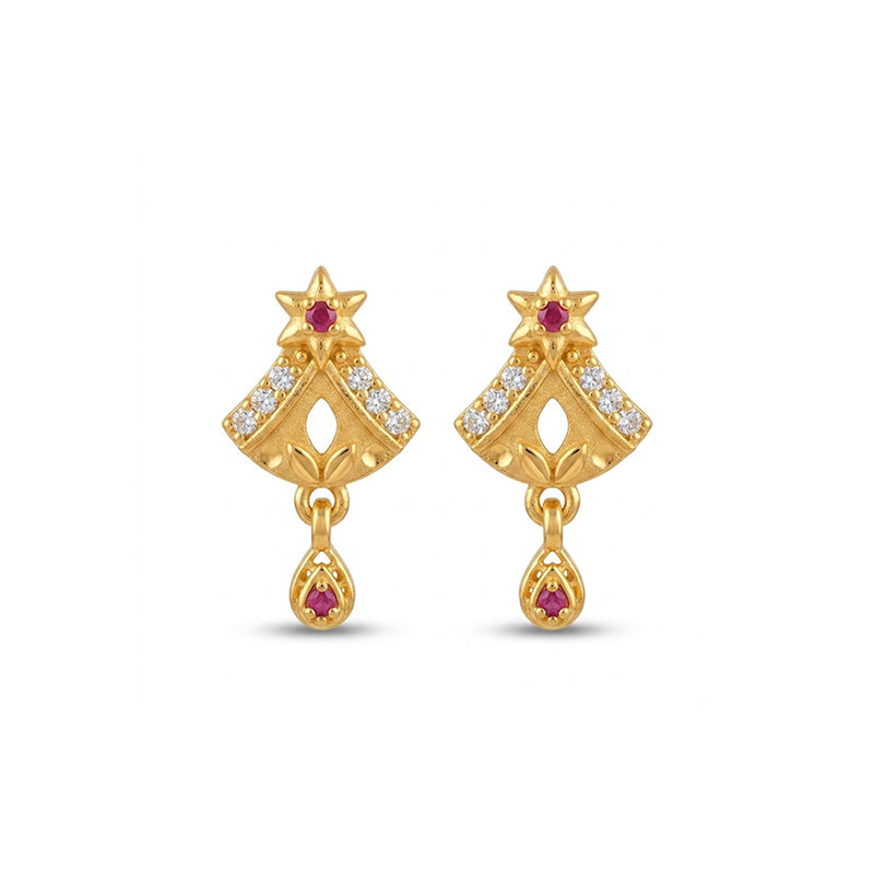 Elegant Micro Gold Plated Drop Earrings with Ruby Red and White Stones - 4516