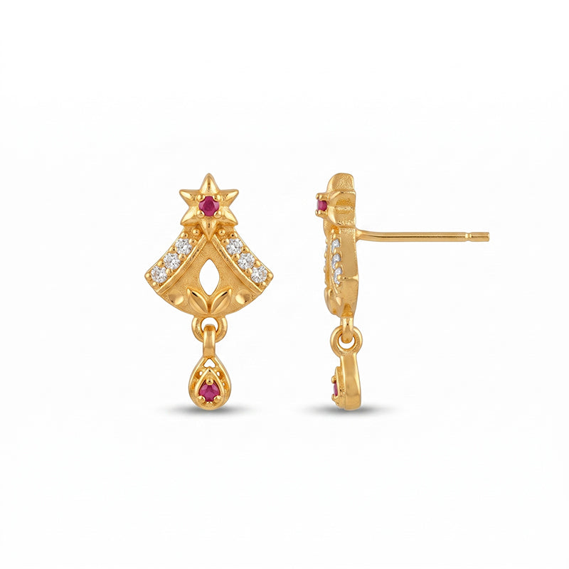 Elegant Micro Gold Plated Drop Earrings with Ruby Red and White Stones - 4516