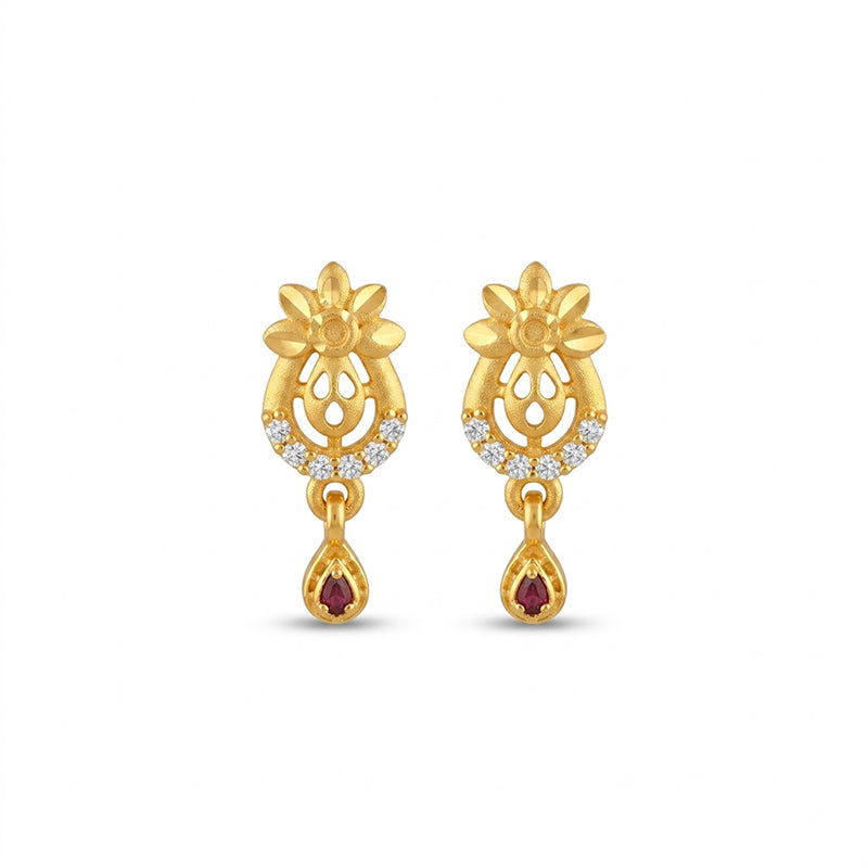Elegant Micro Gold Plated Drop Earrings with Ruby Red and White Stones - 4533