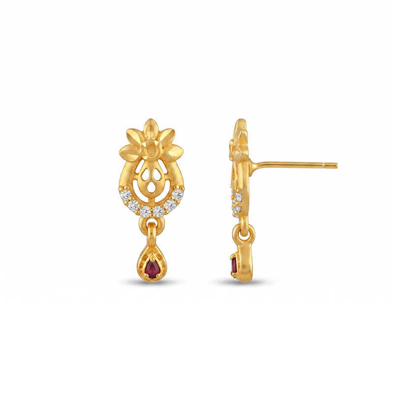 Elegant Micro Gold Plated Drop Earrings with Ruby Red and White Stones - 4533