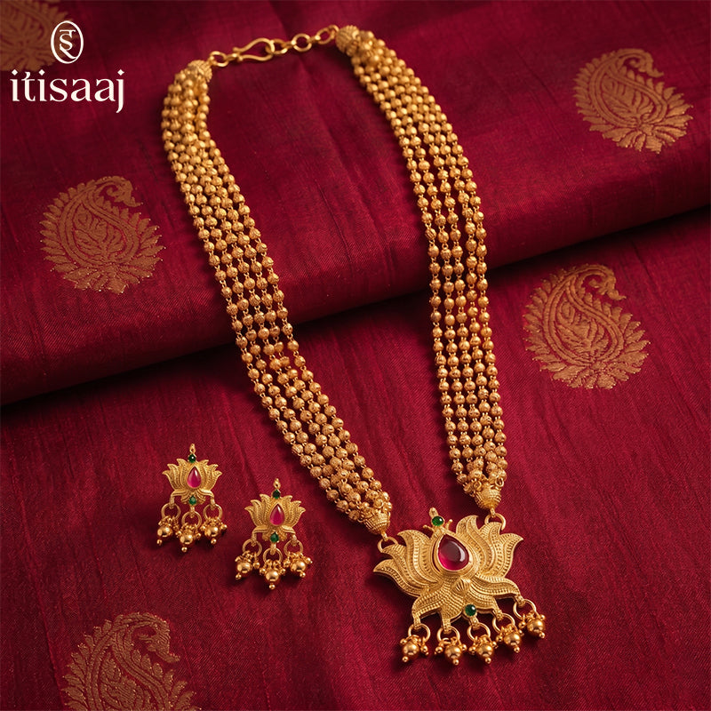 Traditional Maharashtrian Kolhapuri Micro Gold Plated Dot Mala 6 Line 3 MM Kamal Short with Earrings - 4541