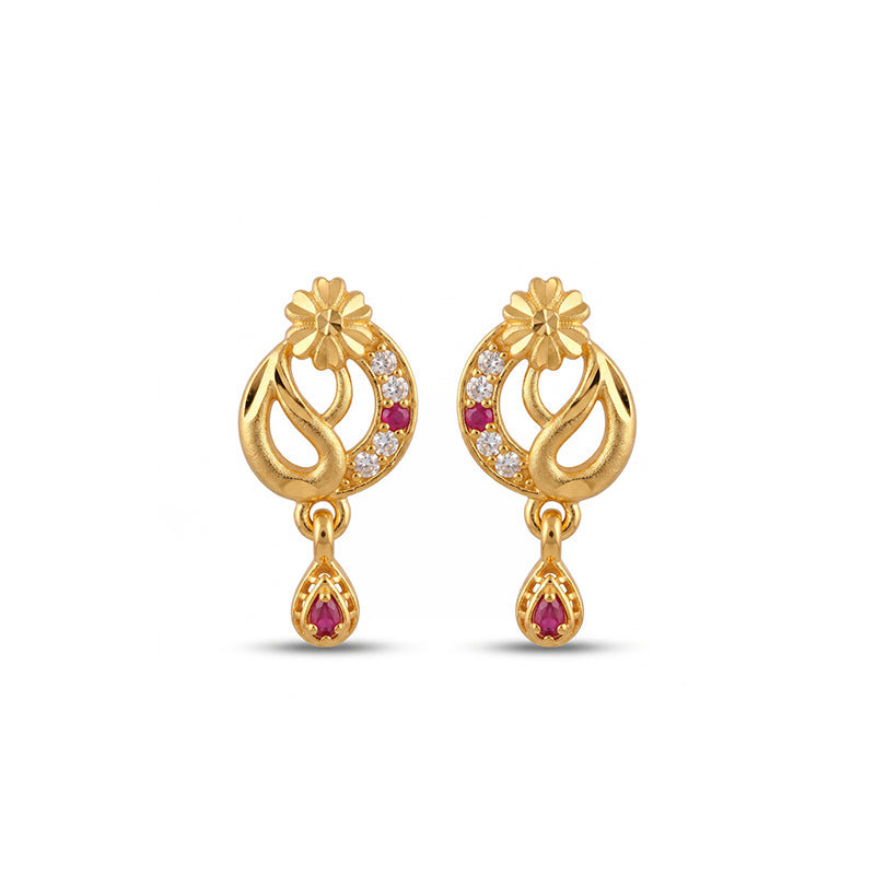 Elegant Micro Gold Plated Drop Earrings with Ruby Red and White Stones - 4576