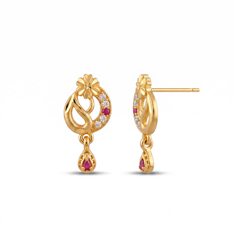 Elegant Micro Gold Plated Drop Earrings with Ruby Red and White Stones - 4576