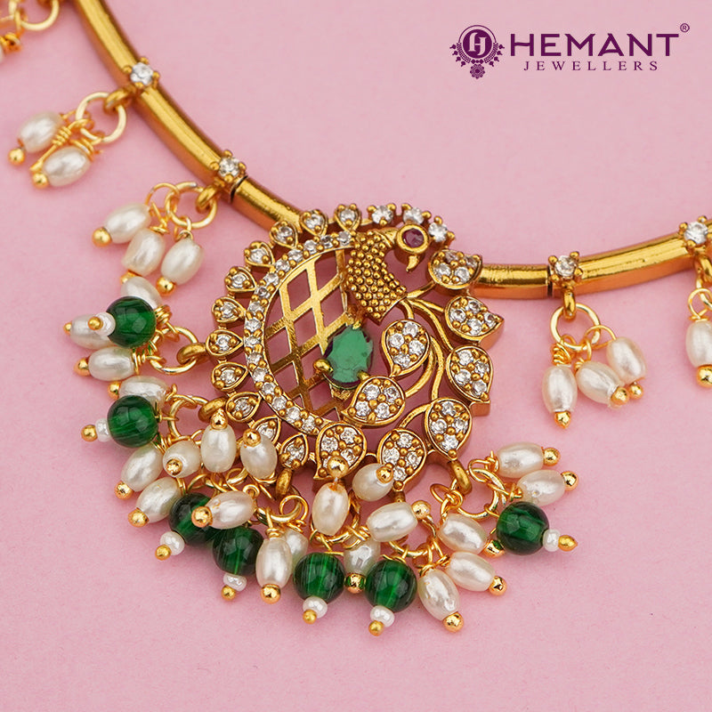 Antique Finished Peacock Pendant Necklace Set with Pearl & Green Bead Hangings – 4596-97