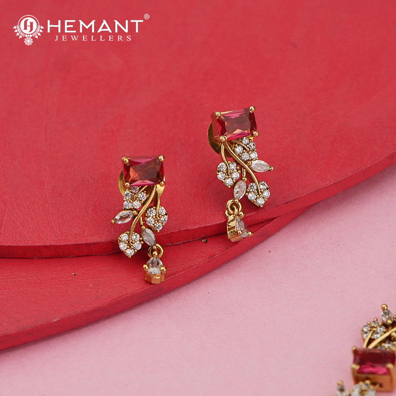 Elegant Ruby Stone Necklace Set with Crystal Leaf Detailing – 4601