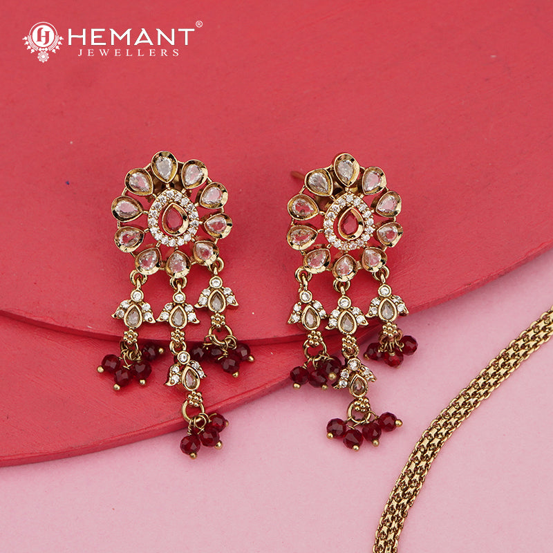 Stone-Studded Choker Necklace Set with Dangling Ruby Beads – 4606-07