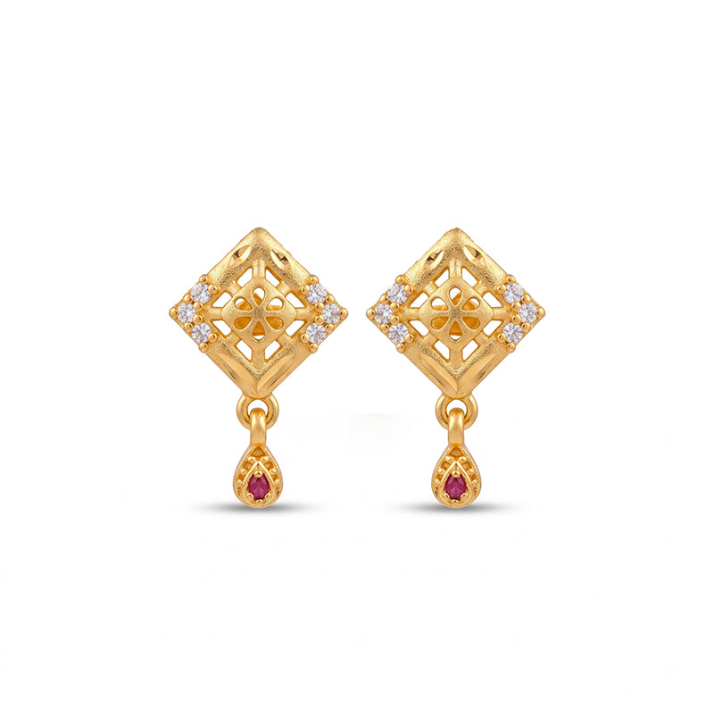 Elegant Micro Gold Plated Drop Earrings with Ruby Red and White Stones - 4608