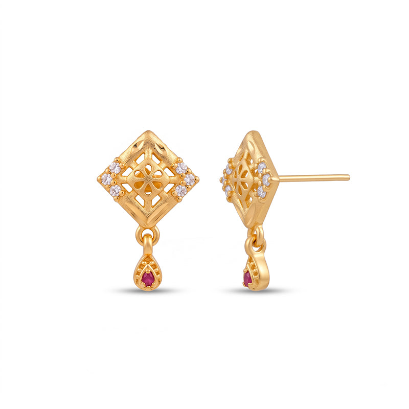 Elegant Micro Gold Plated Drop Earrings with Ruby Red and White Stones - 4608