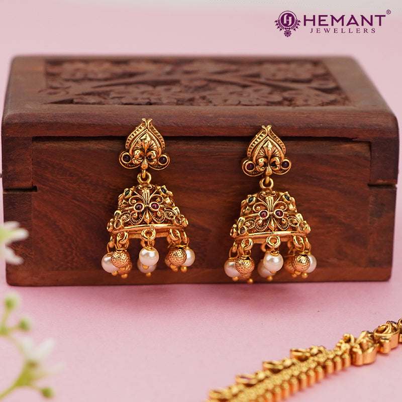 Antique Finish Delicate Petal Motif Necklace Set with Multicolor Stone Drops – 4617