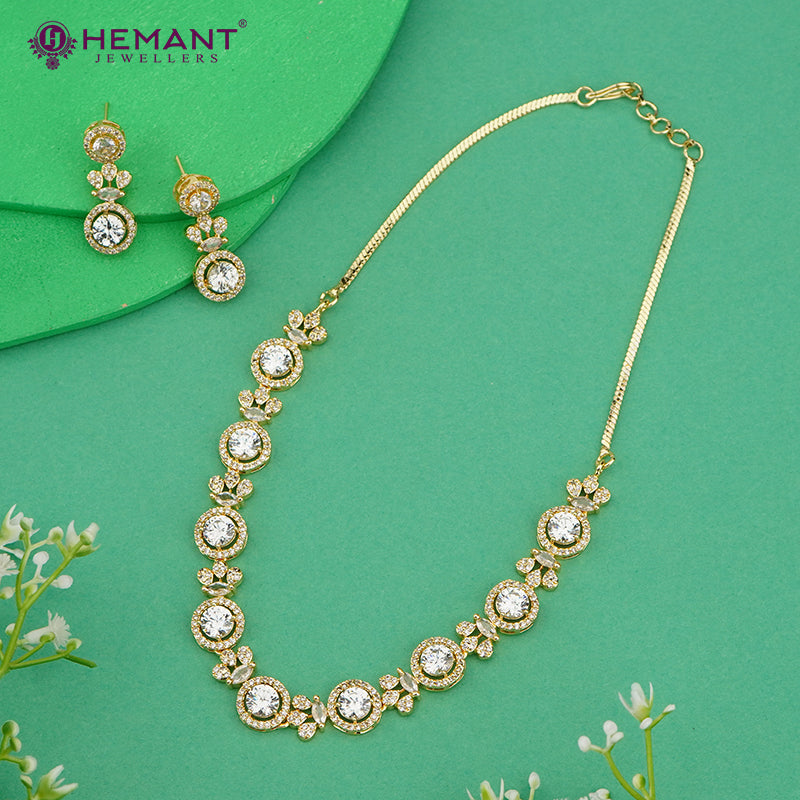 Gold-Finish Designer CZ Necklace Set with Circular Solitaire Accents – 4624