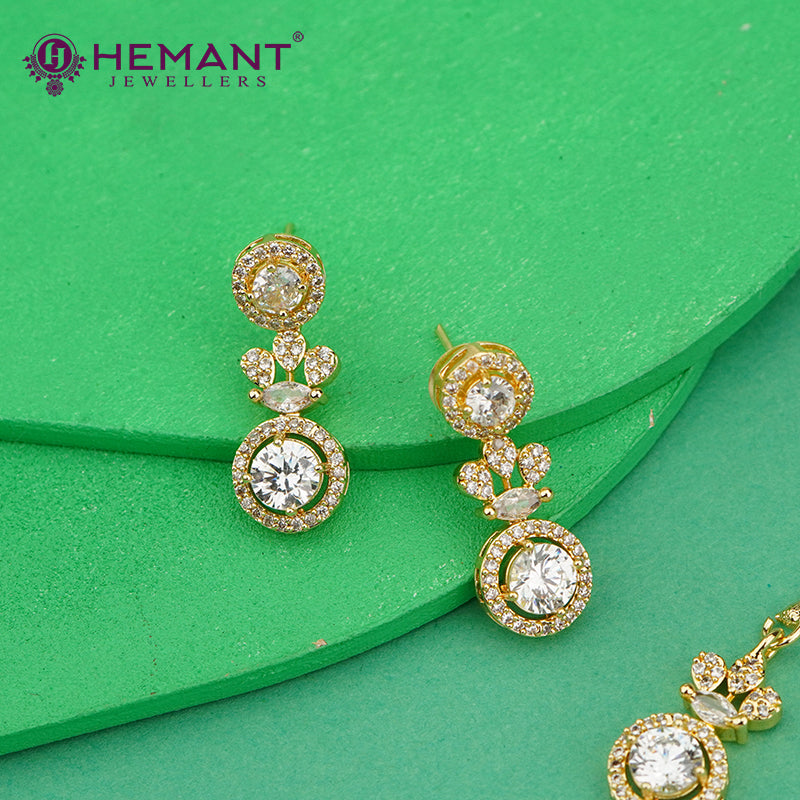 Gold-Finish Designer CZ Necklace Set with Circular Solitaire Accents – 4624