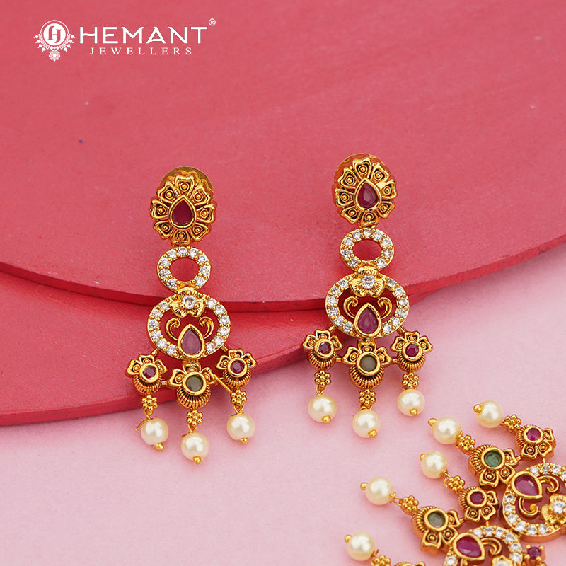 Antique Finish Layered Necklace Set with Lotus and Pearl Drops – 4629