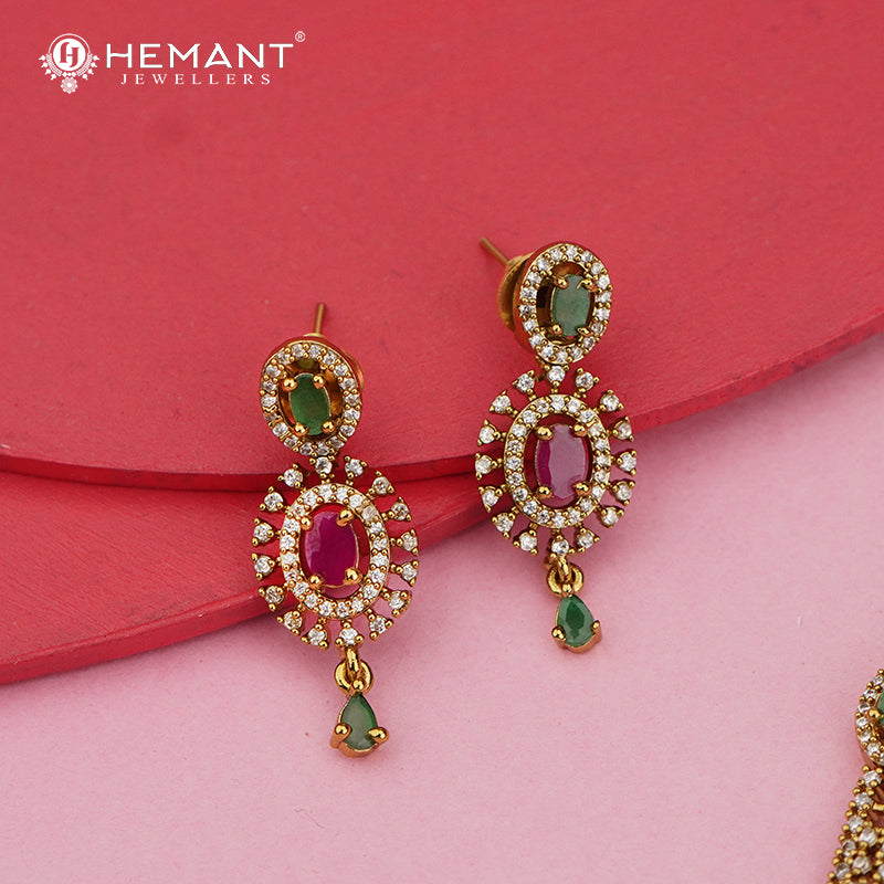 Elegant CZ Necklace Set with Ruby-Center Pendant & Emerald Green Drop Accents – 4632