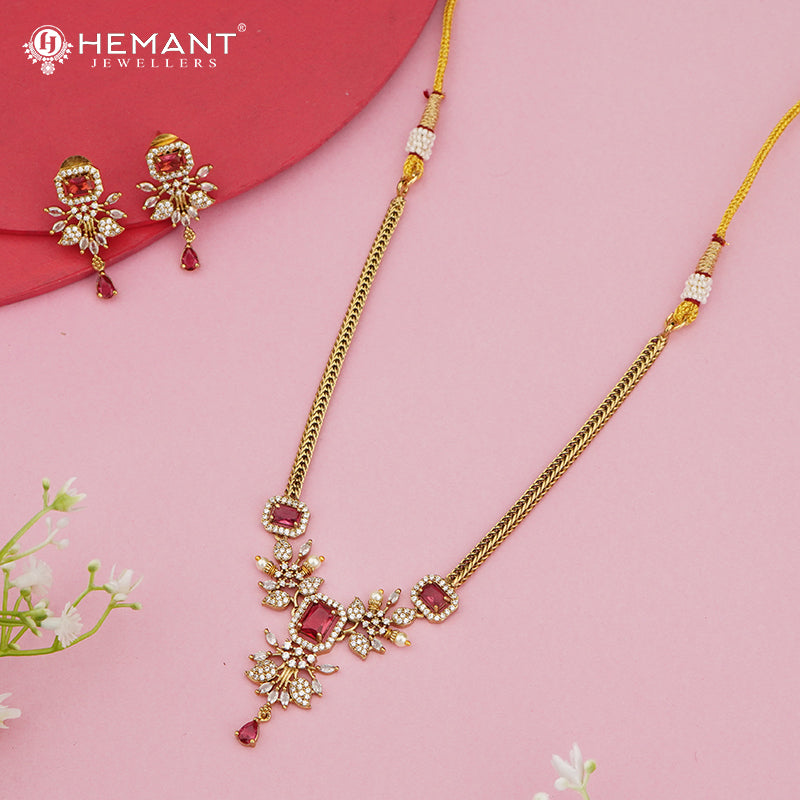 Antique Gold Floral Necklace Set with Ruby Square Stones & CZ Leaf Motifs – 1553