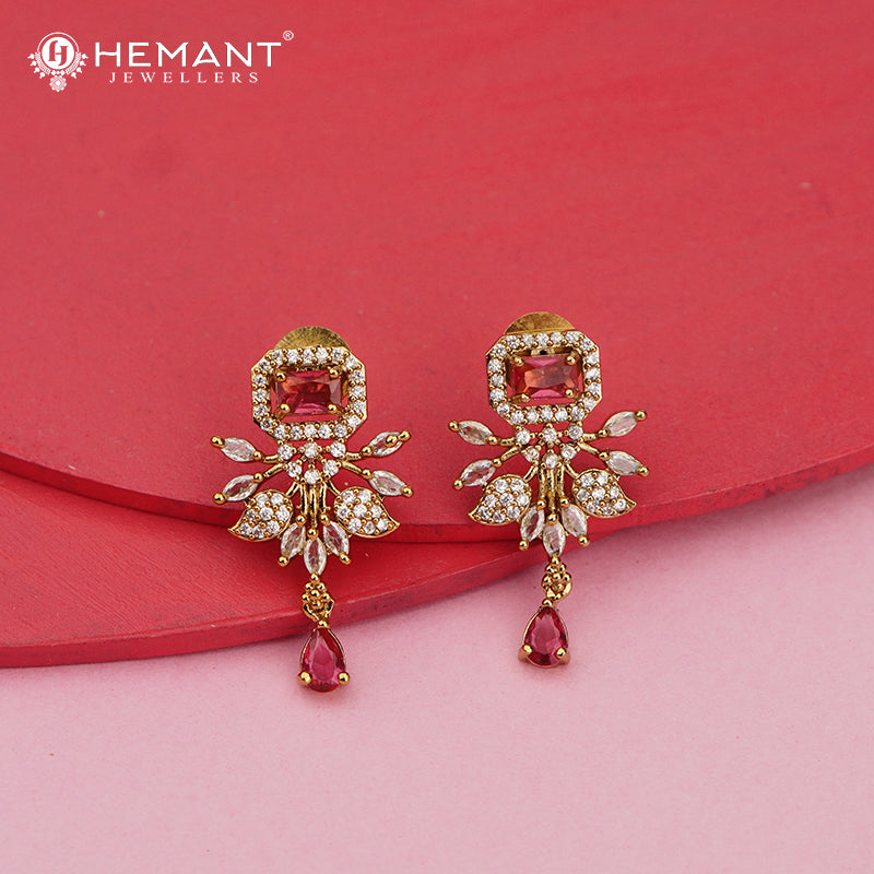 Antique Gold Floral Necklace Set with Ruby Square Stones & CZ Leaf Motifs – 1553