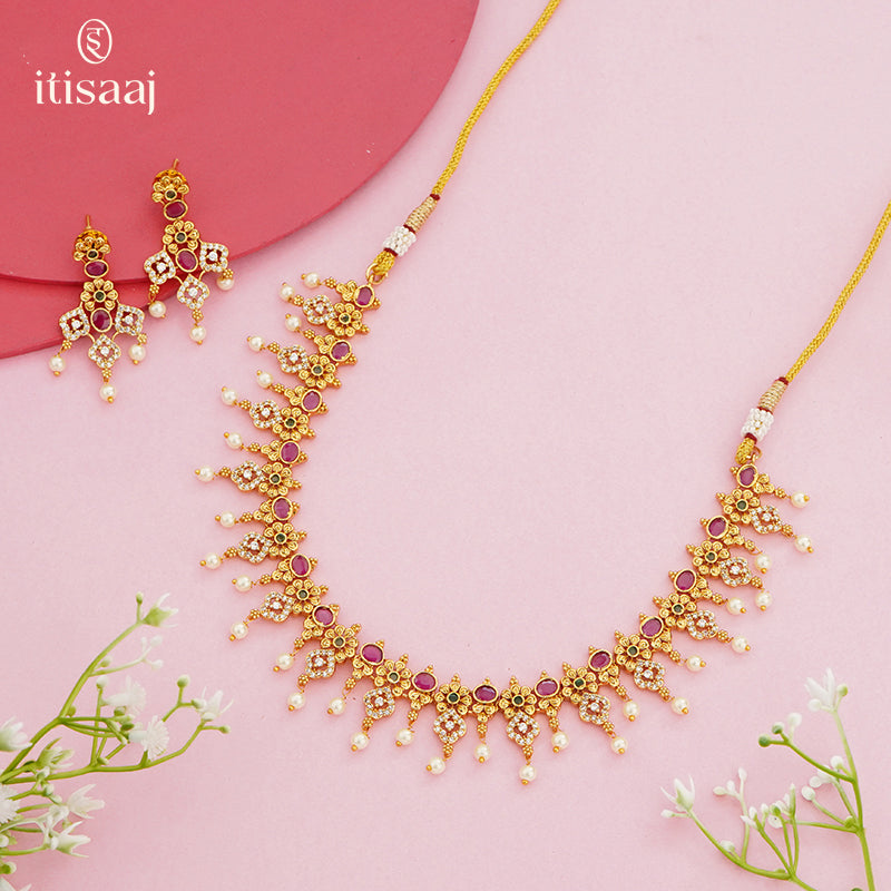 Floral Drop Antique Necklace Set with Pearl Danglers – 4645