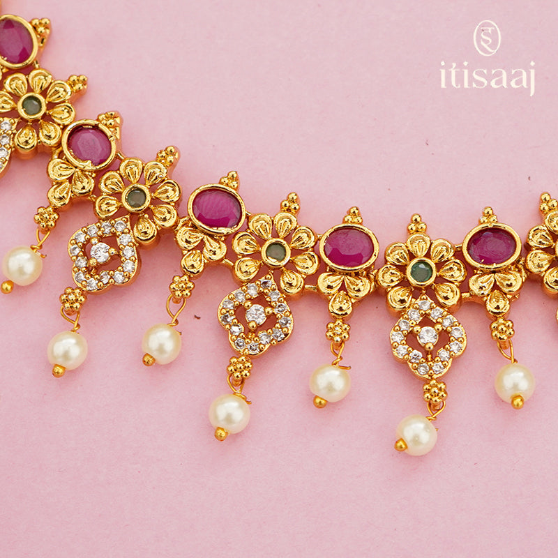 Floral Drop Antique Necklace Set with Pearl Danglers – 4645
