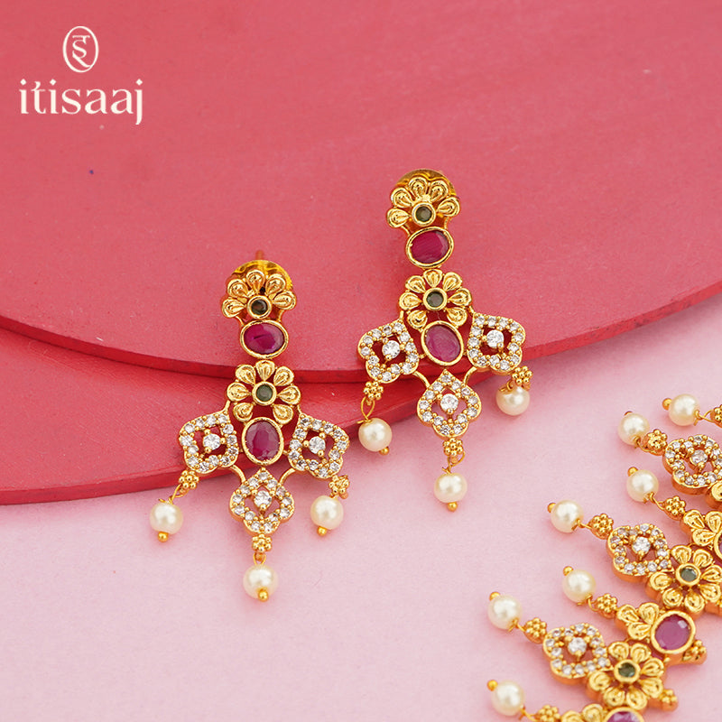 Floral Drop Antique Necklace Set with Pearl Danglers – 4645