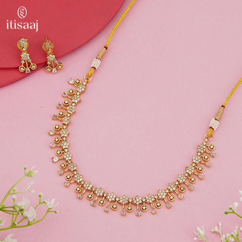 Antique-Finish CZ Sparkle Short Necklace Set with Drop Danglers – 4650