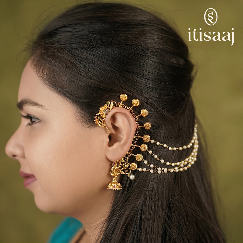 Antique Back Ear Cuff | Peacock Motif Back Kan with Multi-Strand Pearl Chain - 4670