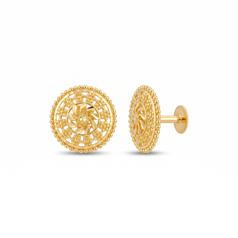 Micro Gold Plated Circular Floral Filigree Stud Earrings - 4754