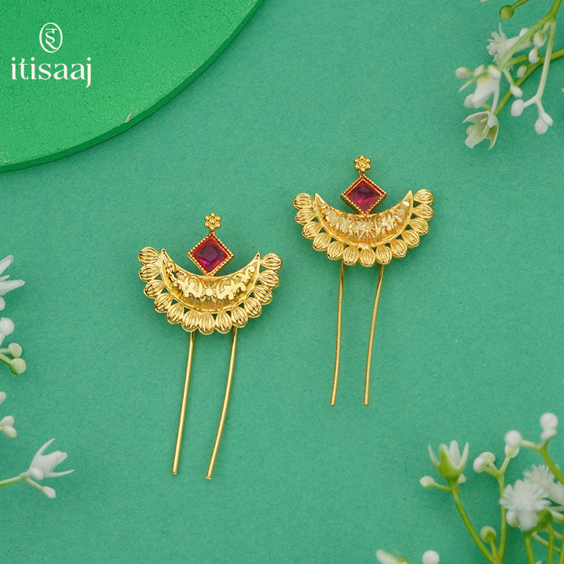 Traditional Maharashtrian Kolhapuri Micro Gold Plated Hair Pin (Ambada Pin) - 4774