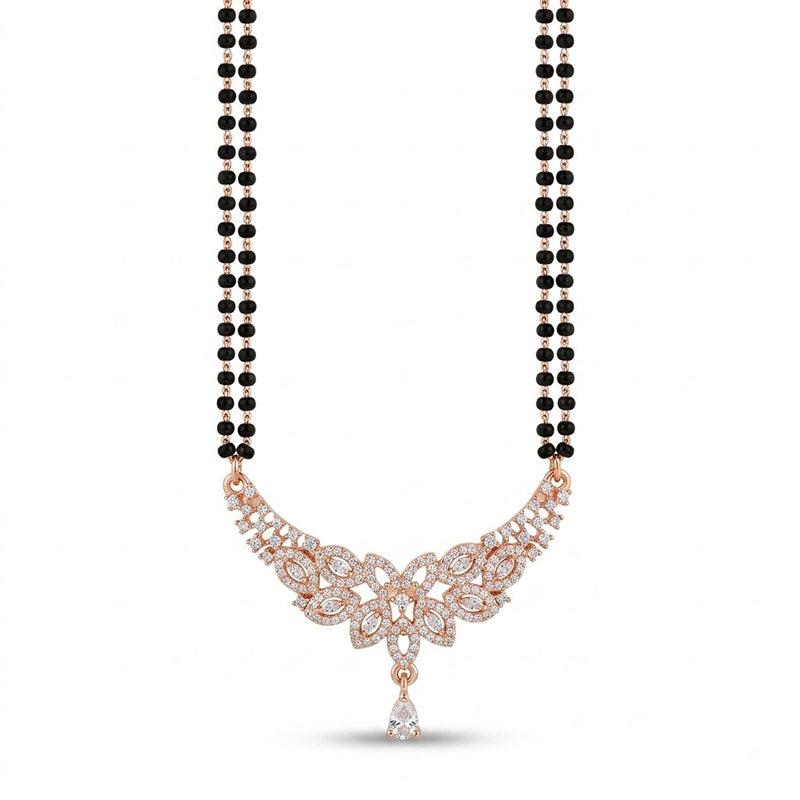 Sparkling Cubic Zirconia Floral Curved Rose Gold Long Mangalsutra - 4788