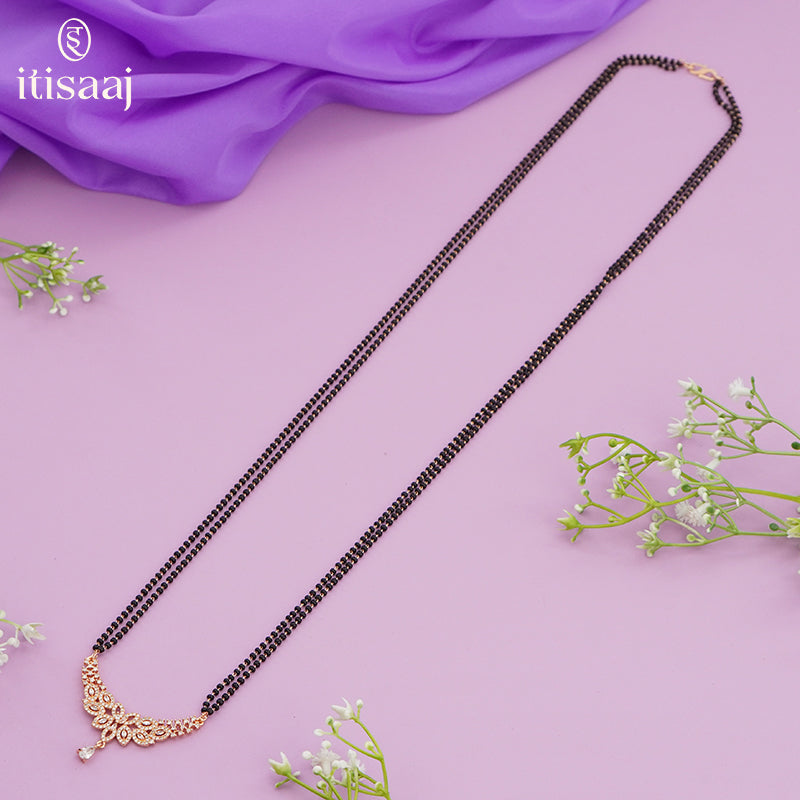 Sparkling Cubic Zirconia Floral Curved Rose Gold Long Mangalsutra - 4788
