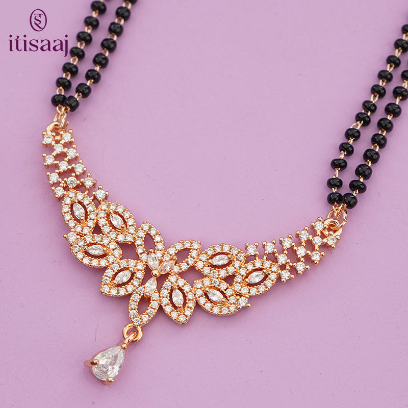 Sparkling Cubic Zirconia Floral Curved Rose Gold Long Mangalsutra - 4788