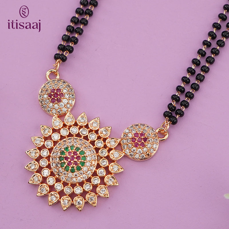 Floral CZ Pendant Rose Gold Long Mangalsutra - 4820