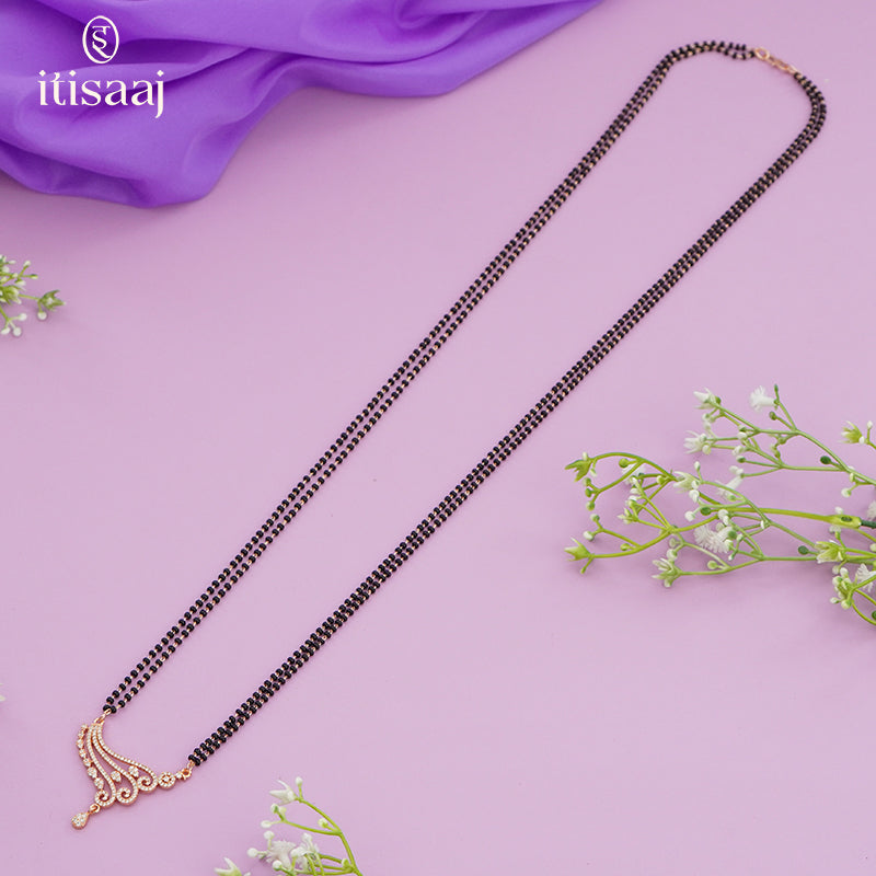 American Diamond Curved Leaf Pattern Rose Gold Long Mangalsutra - 4821