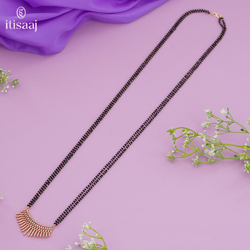 Contemporary Cubic Zirconia Rose Gold Long Mangalsutra with Flare Spiked Pendant - 4822
