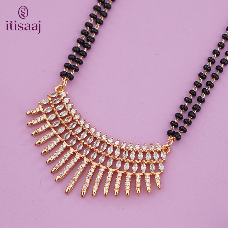 Contemporary Cubic Zirconia Rose Gold Long Mangalsutra with Flare Spiked Pendant - 4822
