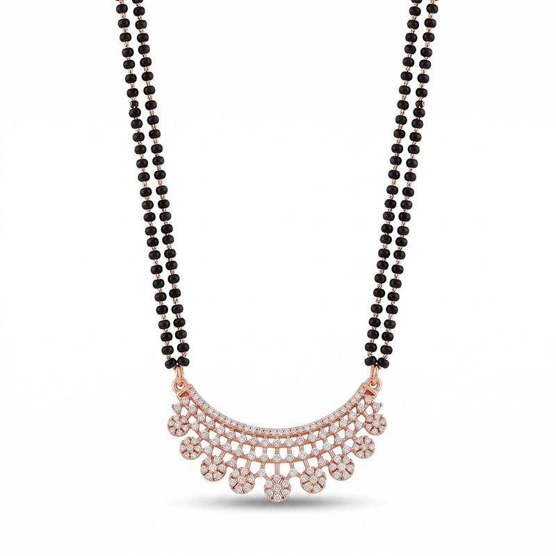 Sparkling Cubic Zirconia Floral Curved Rose Gold Long Mangalsutra - 4824