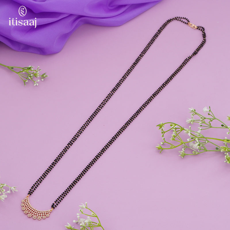 Sparkling Cubic Zirconia Floral Curved Rose Gold Long Mangalsutra - 4824