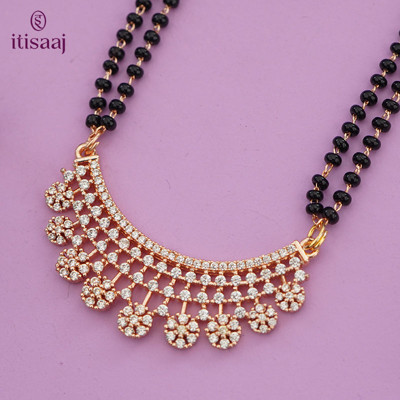 Sparkling Cubic Zirconia Floral Curved Rose Gold Long Mangalsutra - 4824