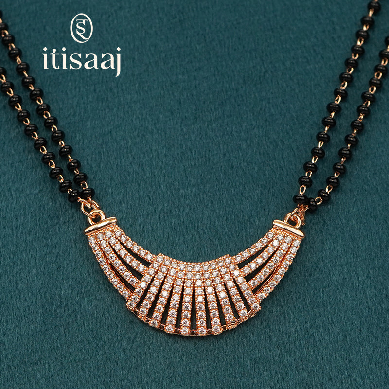 Rose Gold Cubic Zirconia Curved Arch Pendant Short Mangalsutra - 4831
