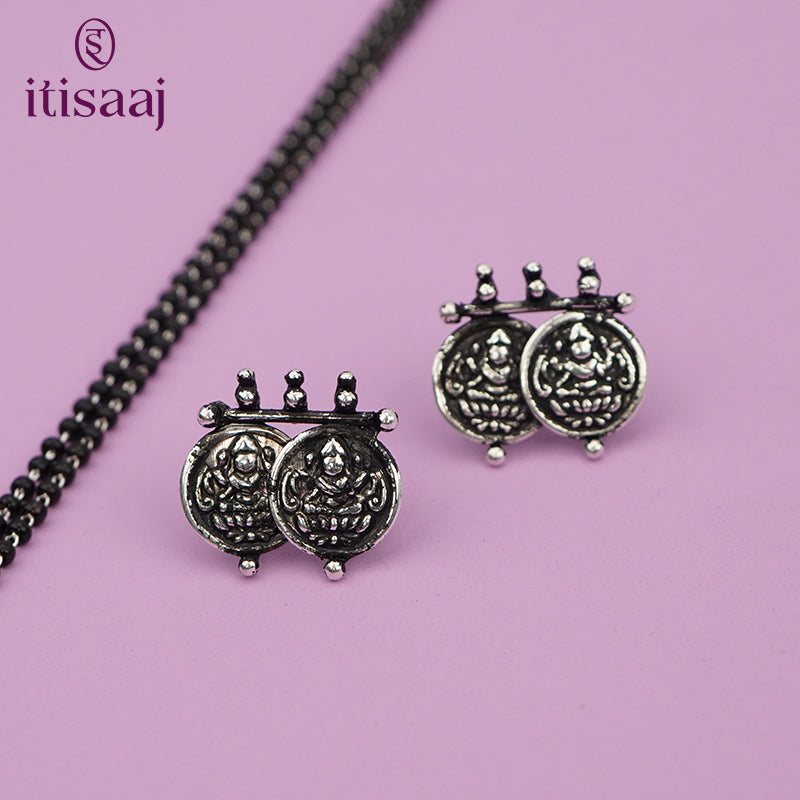 Maharashtrian Classic Black Beads Mangalsutra with 5 Laxmi Pendant Oxidized Silver Plated 3108-4916