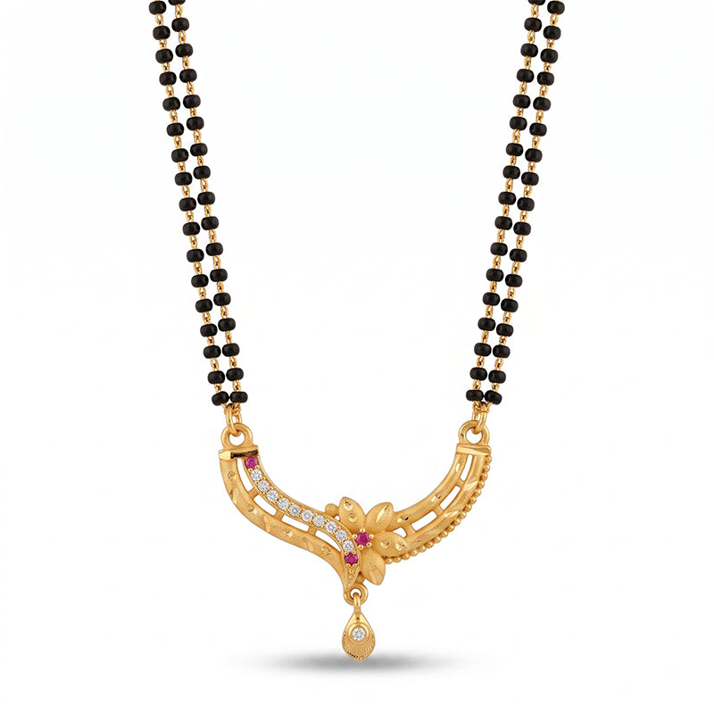 Floral Arc Designer Double Line Black Beaded Micro Gold Plated Short Mangalsutra - 4961