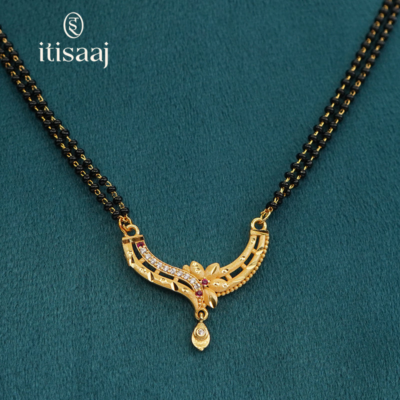 Floral Arc Designer Double Line Black Beaded Micro Gold Plated Short Mangalsutra - 4961