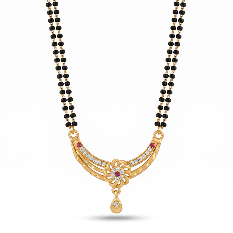 Floral Arc Designer Double Line Black Beaded Micro Gold Plated Short Mangalsutra - 4962