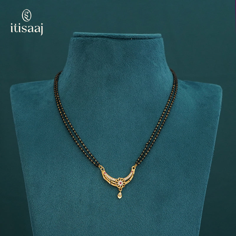 Floral Arc Designer Double Line Black Beaded Micro Gold Plated Short Mangalsutra - 4962