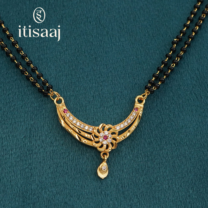 Floral Arc Designer Double Line Black Beaded Micro Gold Plated Short Mangalsutra - 4962
