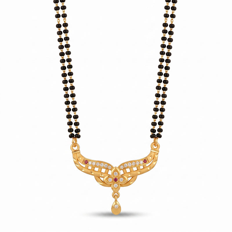 Floral Arc Designer Double Line Black Beaded Micro Gold Plated Short Mangalsutra - 4963