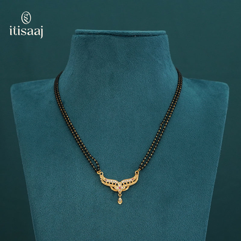 Floral Arc Designer Double Line Black Beaded Micro Gold Plated Short Mangalsutra - 4963